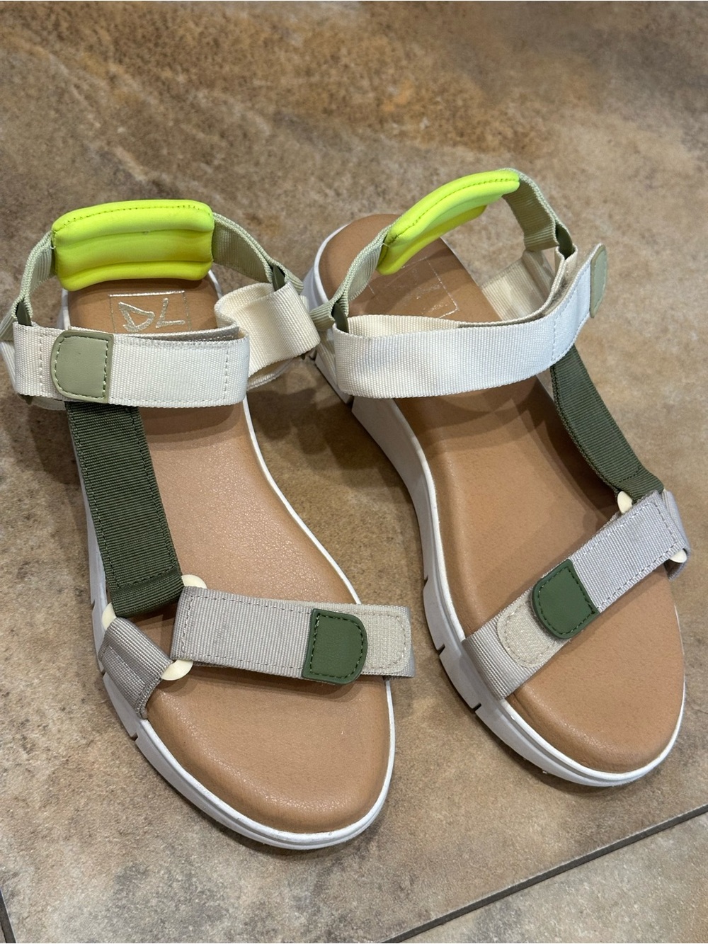Dirty Laundry Beige & Olive Sport Sandals with Neon Yellow Accent